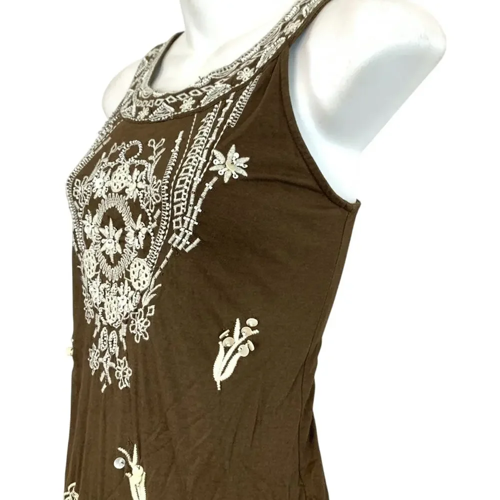 Charter Club Petite Womens Brown Beaded Embroidered Sleeveless Dress PP XS